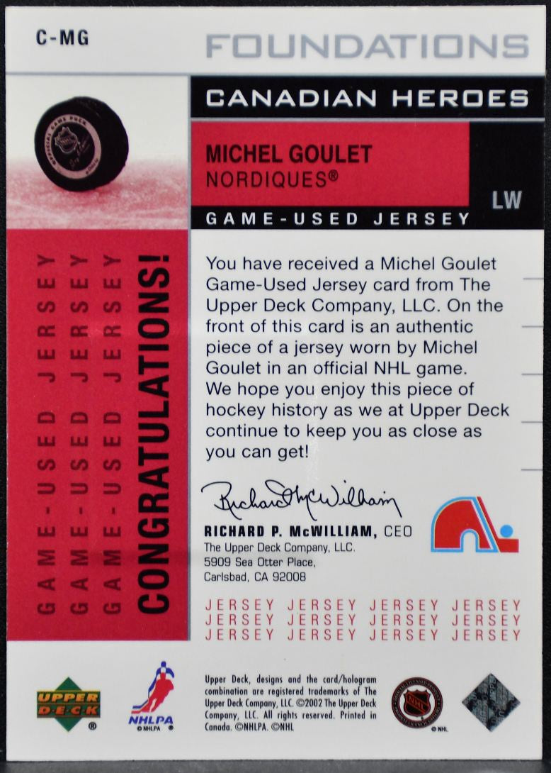 2002-03 UD Foundations Canadian Heroes Jersey Goulet Nordiques /95 Jersey 2836
