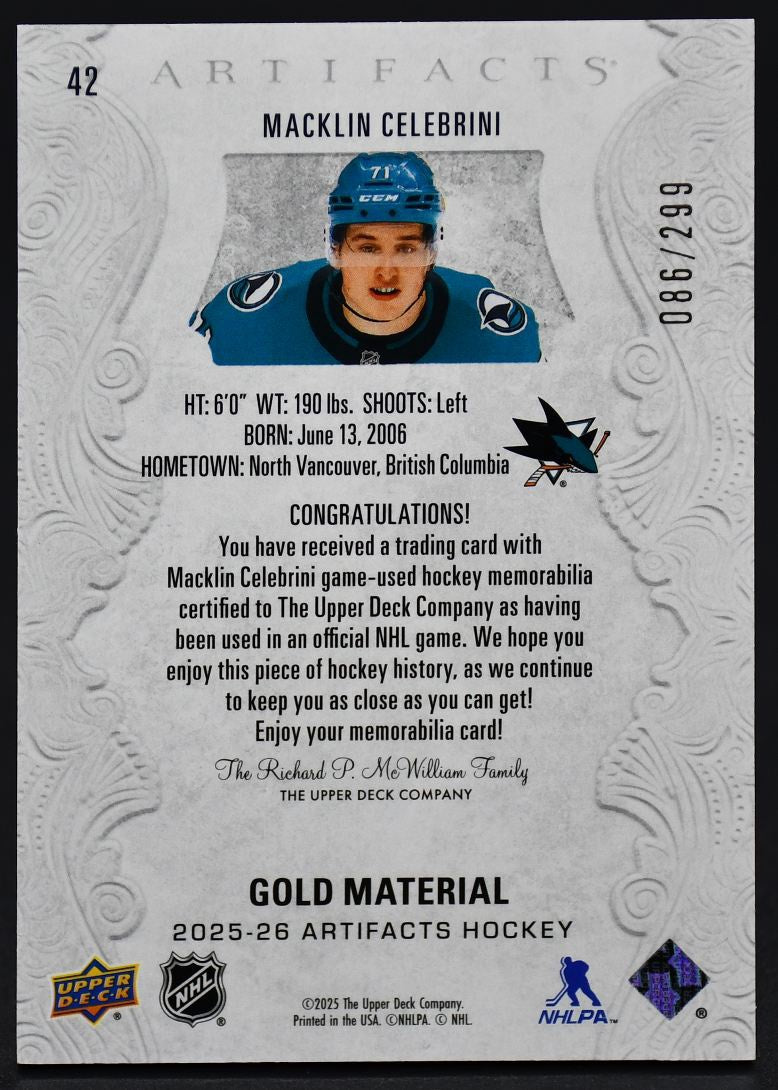 2025-26 UD Artifacts Gold Material Macklin Celebrini 42 086/299 Jersey