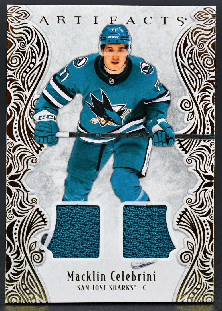 2025-26 UD Artifacts Gold Material Macklin Celebrini 42 086/299 Jersey