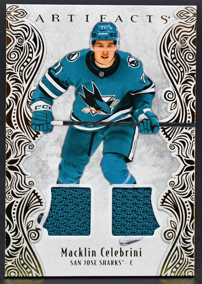 2025-26 UD Artifacts Gold Material Macklin Celebrini 42 086/299 Jersey