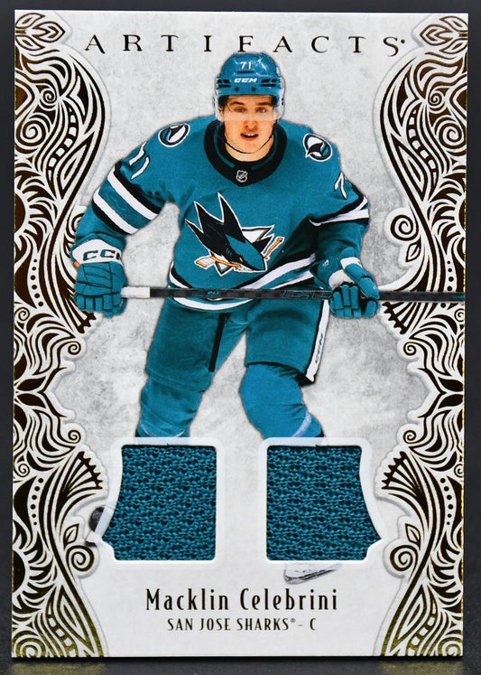 2025-26 UD Artifacts Gold Material Macklin Celebrini 42 086/299 Jersey