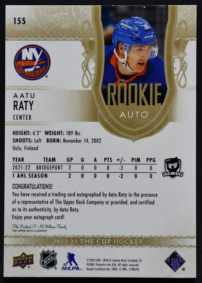2022-23 UD The Cup Gold Foil Aatu Raty 155 New York Islanders RC Auto 02/24