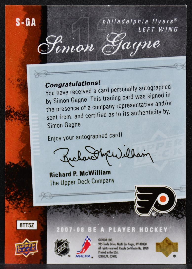 2007-08 Upper Deck Be a Player Signatures Simon Gagne S-GA Flyers Auto 6429