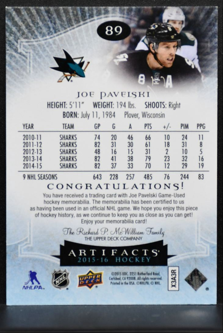 2015-16 UD Artifacts Materials Silver Joe Pavelski 89 Sharks 095/125 Jersey 1021