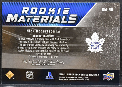 2020-21 UD Series 2 Rookie Materials Nick Robertson Maple Leafs RC Jersey 0826