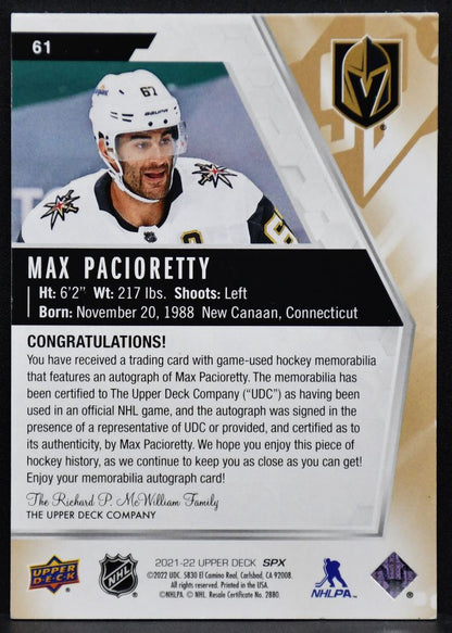 2021-22 SPx Auto Patch Max Pacioretty 61 Vegas Golden Knights Auto 24/25 Patch 5242