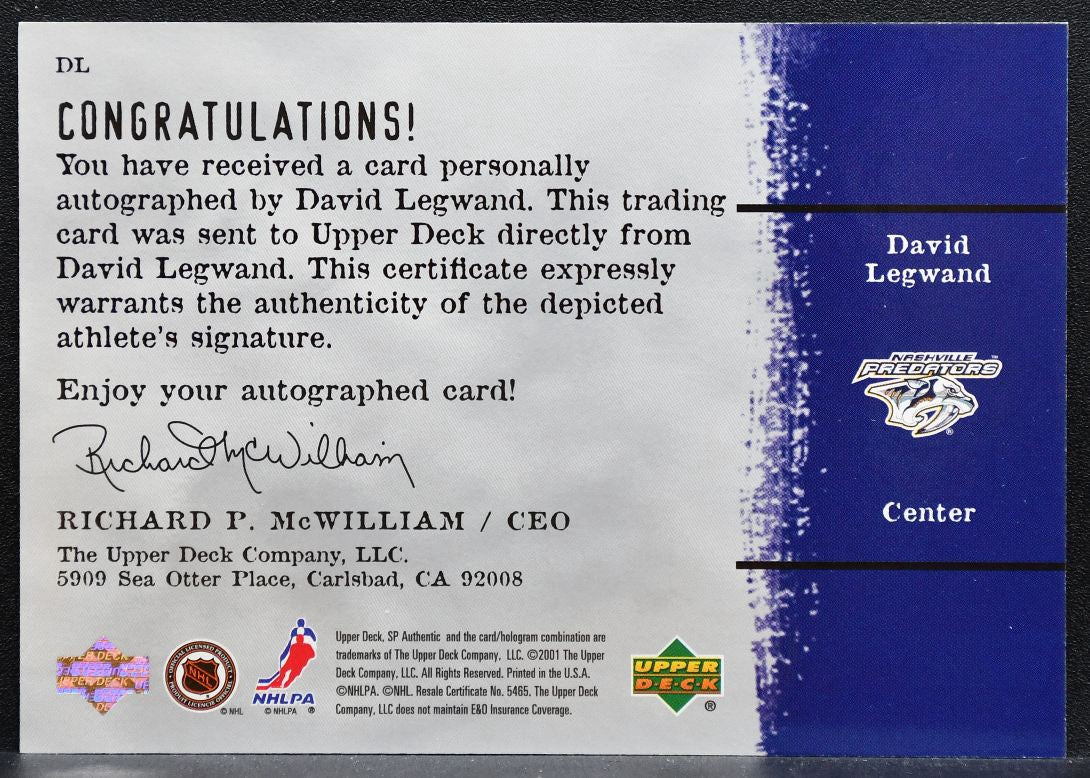 2000-01 SP Authentic Sign of the Times David Legwand Auto 2589