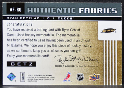 2011-12 SP Game Used Authentic Fabrics Ryan Getzlaf Anaheim Ducks Jersey 7485