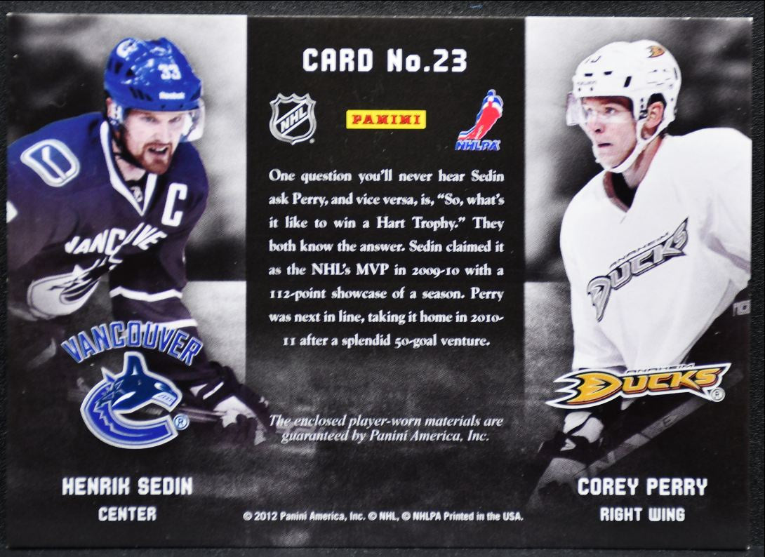 2011-12 Panini Prime Combos Dual Jerseys Perry/Sedin /225 Jersey 9850