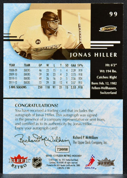 2012-13 Fleer Retro Autographs Jonas Hiller 99 Anaheim Ducks Auto 9943