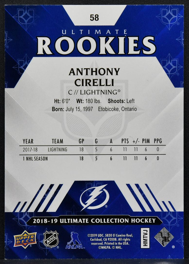 2018-19 Upper Deck Ultimate Collection Rookies Anthony Cirelli RC 196/299 7695