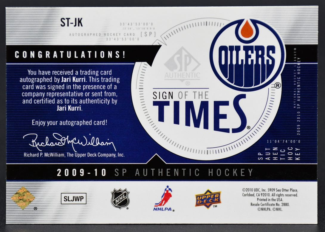 2009-10 SP Authentic Update - Sign of the Times Jari Kurri Edmonton Oilers Auto