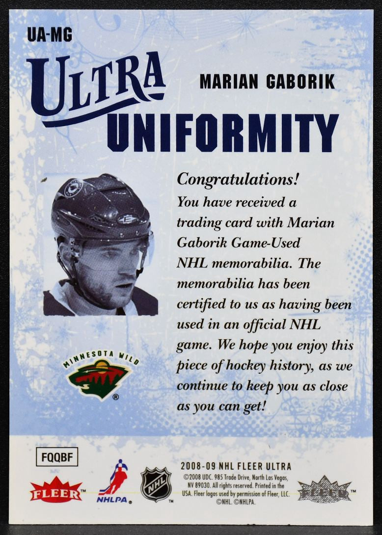 2008-09 Fleer Ultra Uniformity Marian Gaborik UA-MG Minnesota Wild Jersey 3275