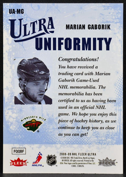 2008-09 Fleer Ultra Uniformity Marian Gaborik UA-MG Minnesota Wild Jersey 3275