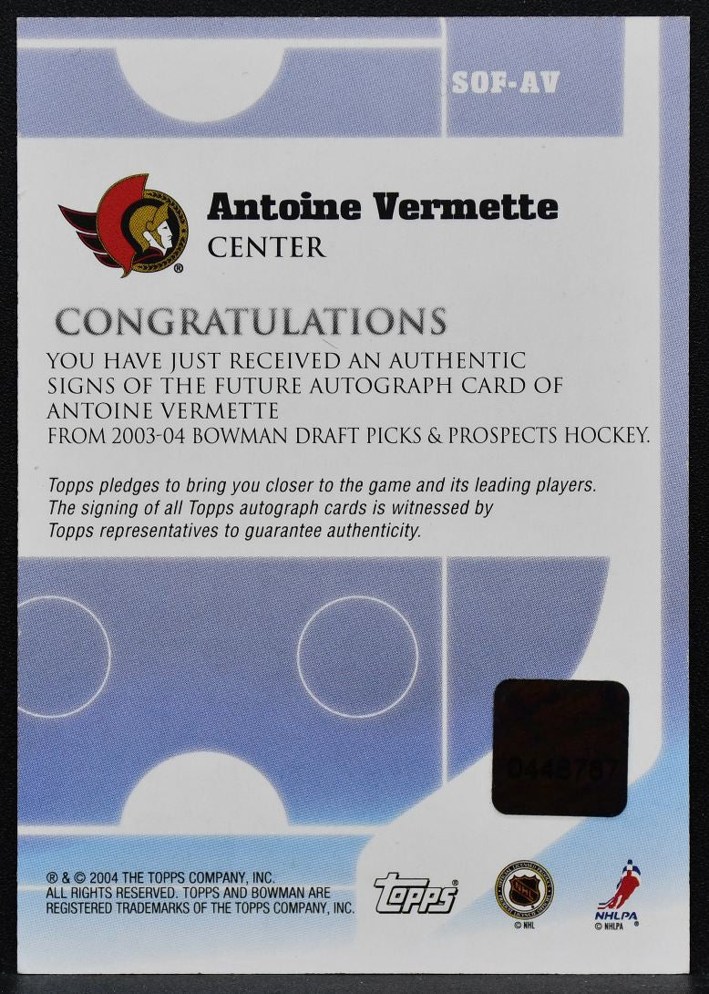 2003-04 Bowman Draft Picks Future Vermette SOF-AV Senators RC Auto 2094