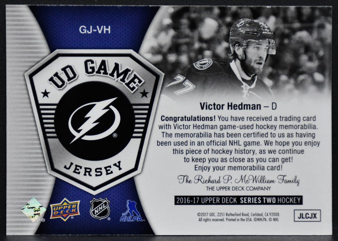 2016-17 UD Series 2 UD Game Jersey Victor HedmanTampa Bay Lightning Jersey 2852