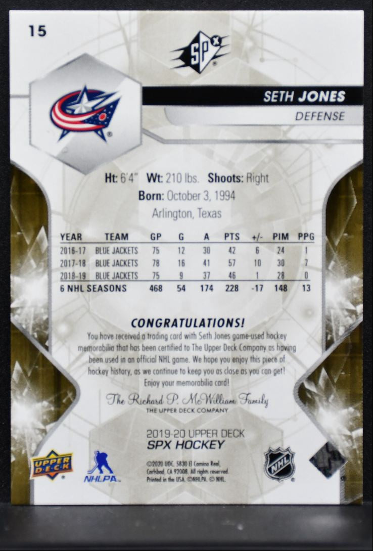 2019-20 SPx Jersey Seth Jones 15 Columbus Blue Jackets 179/199 Jersey 4145