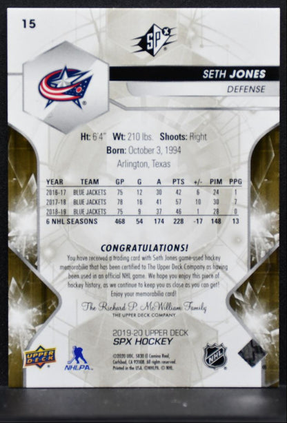 2019-20 SPx Jersey Seth Jones 15 Columbus Blue Jackets 179/199 Jersey 4145
