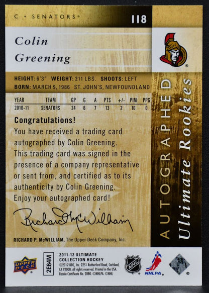 2011-12 UD Ultimate Collection Rookies Auto Colin Greening 118 RC Auto 3351