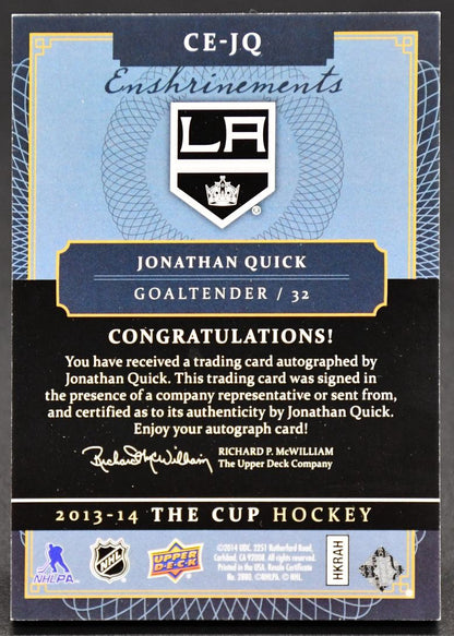 2013-14 UD The Cup Enshrinements Jonathan Quick CE-JQ Auto