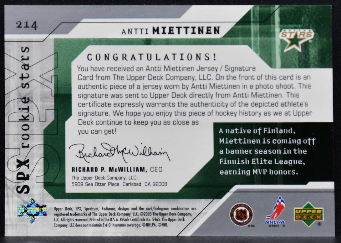 2003-04 SPx Rookie Stars Antti Miettinen 214 RC Auto 318/925 Jersey 9583