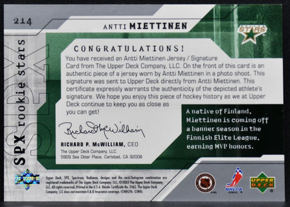 2003-04 SPx Rookie Stars Antti Miettinen 214 RC Auto 318/925 Jersey 9583