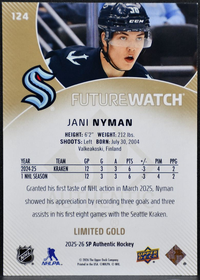 2025-26 SP Authentic Future Watch Limited Gold Jani Nyman 124 Kraken RC /99 3696