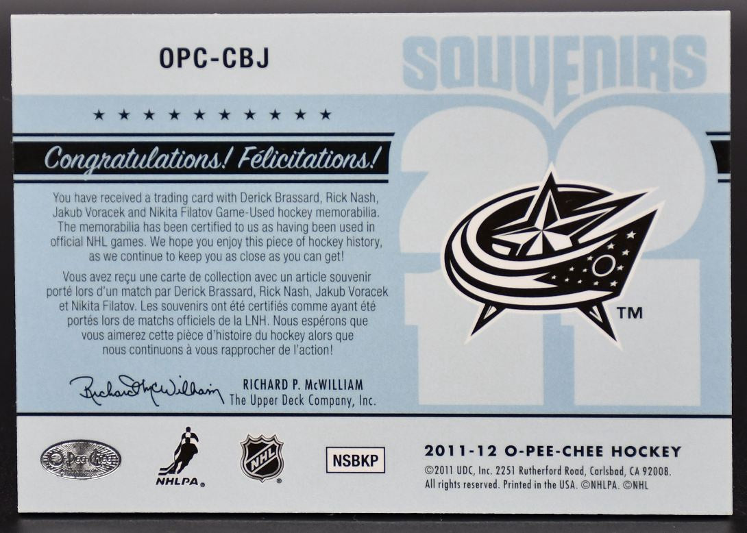 2011-12 OPC Souvenirs Brassard/Nash/Voracek/Filatov OPC-CBJ Jersey