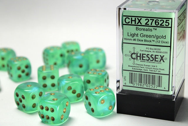 Borealis 12 * D6 Light Green / Gold 16mm Chessex Dice (CHX27625)