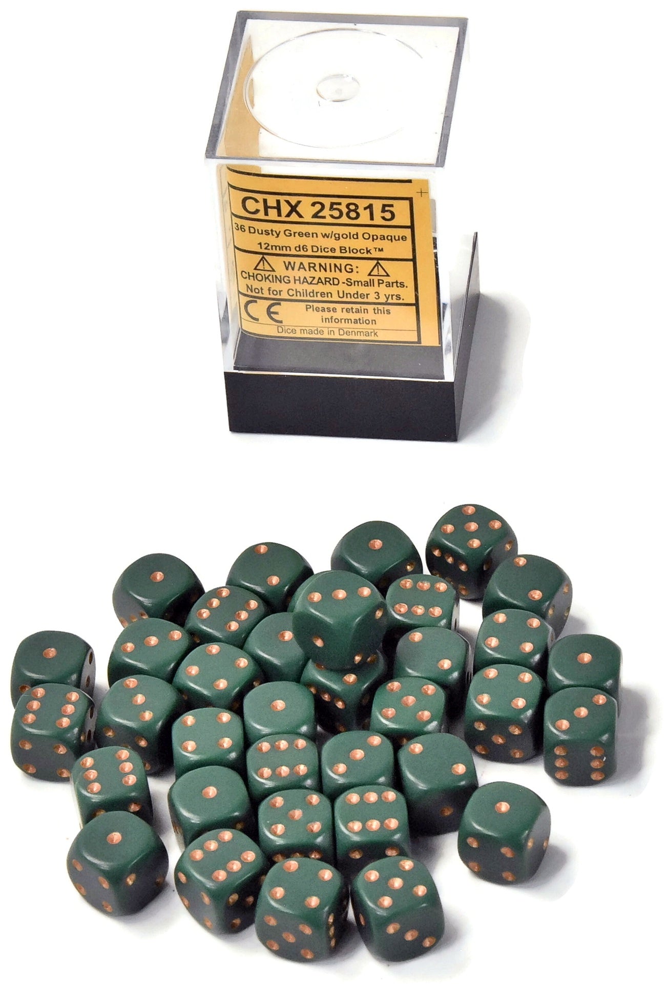 CHESSEX 36 Dusty Green With Gold Opaque 12mm d6 Dice Block #1