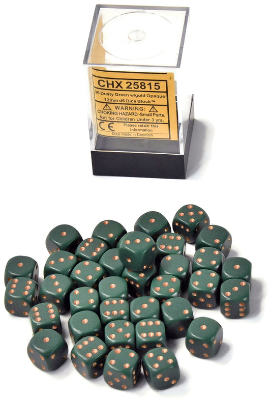 CHESSEX 36 Dusty Green With Gold Opaque 12mm d6 Dice Block #1