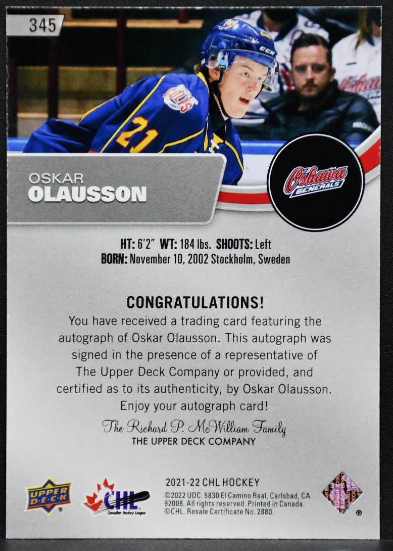 2021-22 UD CHL Autographs Oskar Olausson 345 Oshawa Generals Auto