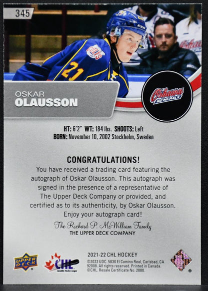 2021-22 UD CHL Autographs Oskar Olausson 345 Oshawa Generals Auto