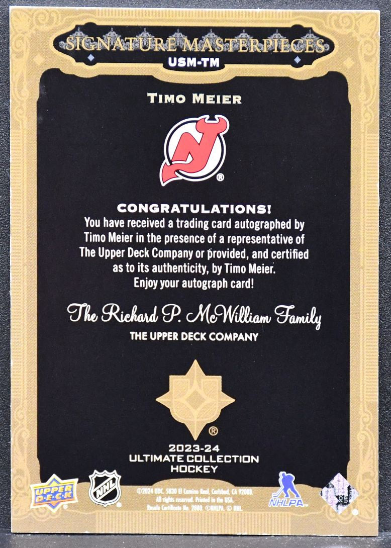 2024-25 UD Ultimate Signature Masterpieces Timo Meier USM-TM Auto
