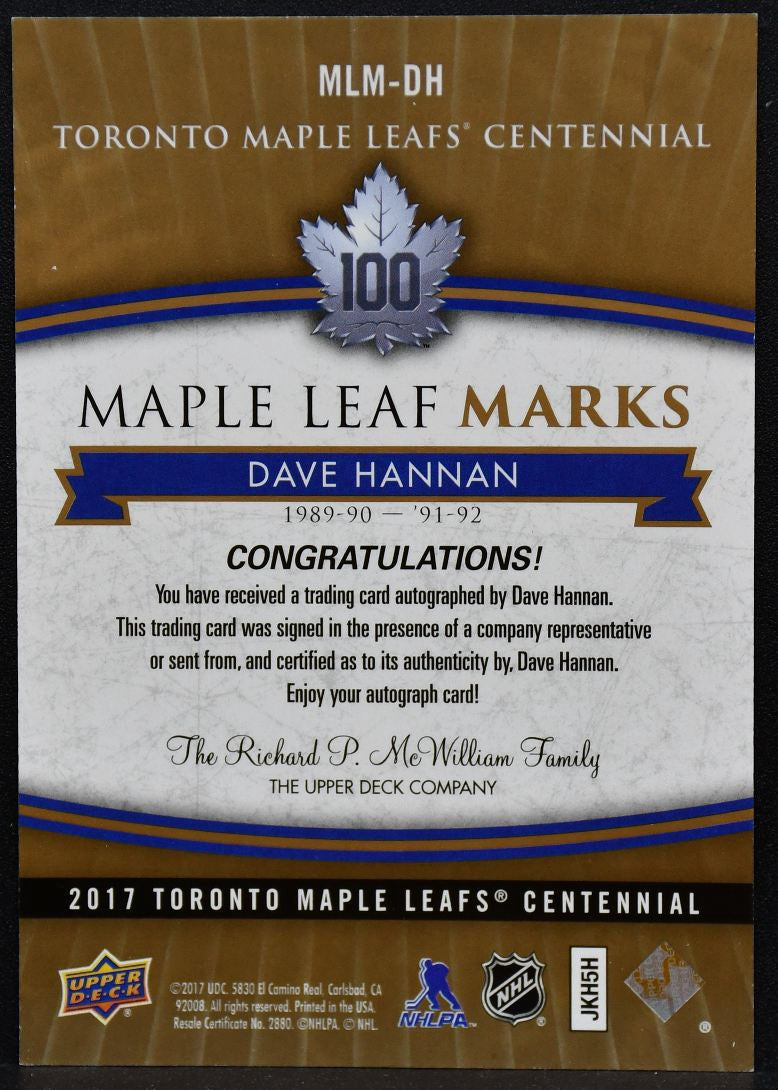 2017-18 UD Toronto Centennial Leaf Marks Hannan MLM-DH Maple Leafs Auto 1585