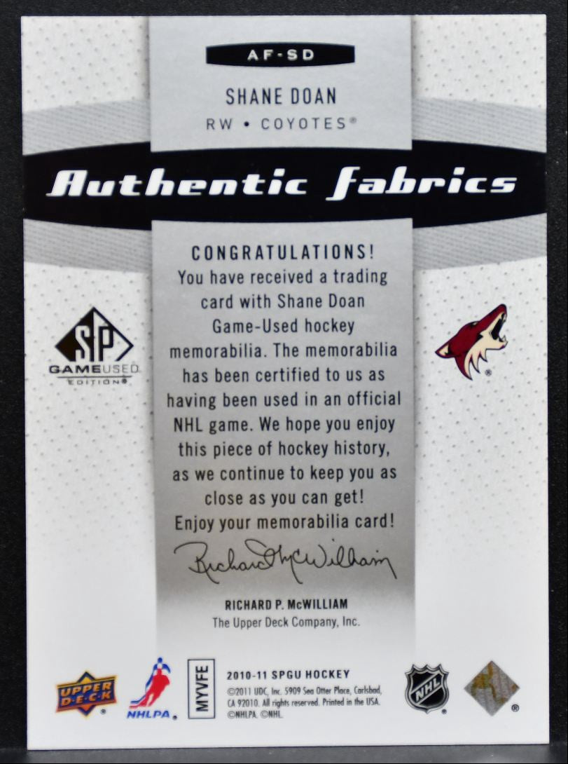 2010-11 SP Game Used Authentic Fabrics Shane Doan Arizona Coyotes Jersey 2394