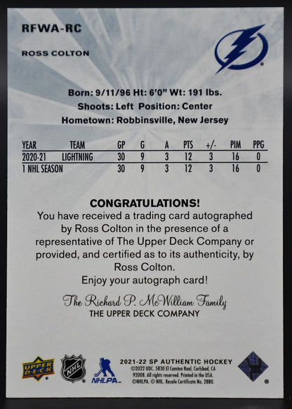 2021-22 SP Authentic Ross Colton RFWA-RC Tampa Bay Lightning RC Auto 099/499