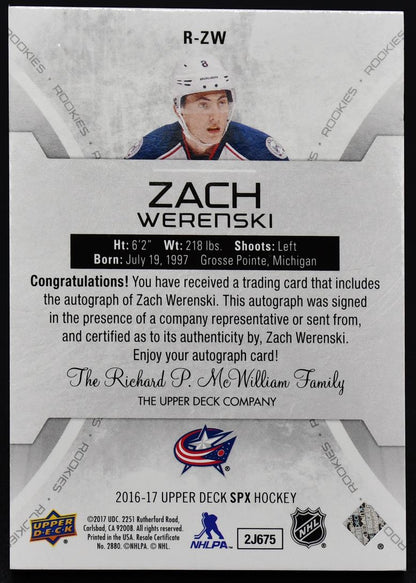 2016-17 SPx Rookies Autographs Blue Zach Werenski R-ZW RC Auto 132/165