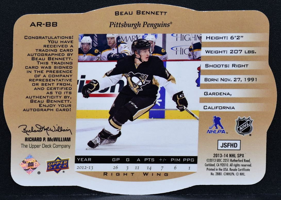 2013-14 SPx 96-97 Retro Autographs Beau Bennett AR-BB Penguins Auto 2414