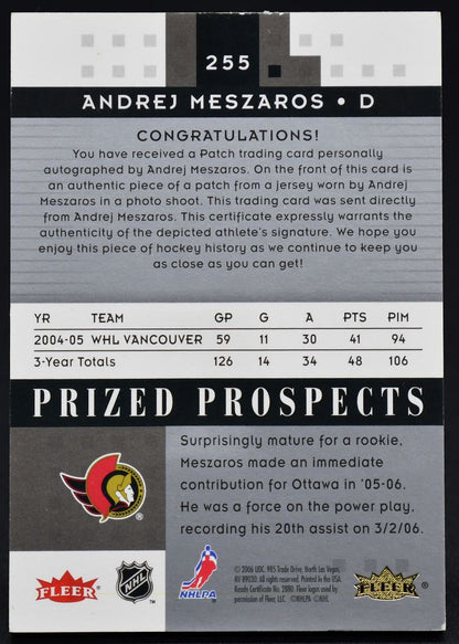 Maillot Fleer Hot Prospects 2006-07, Espoir de renom Meszaros, 255 RC Auto 048/349