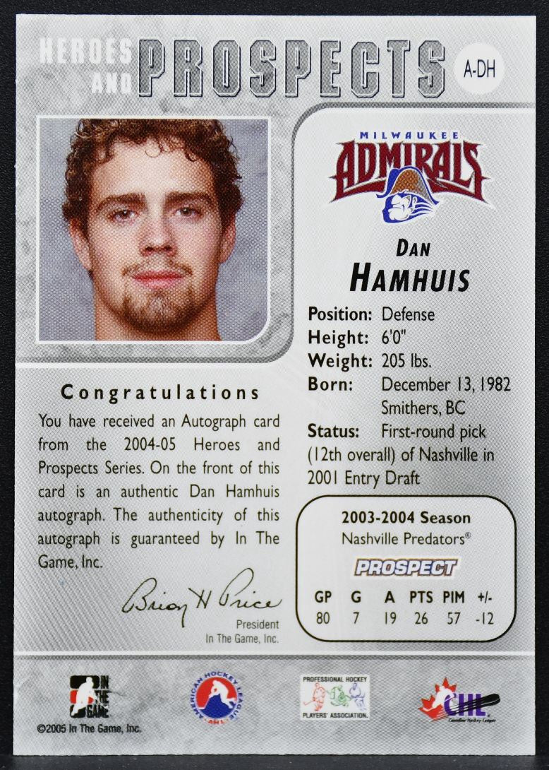 2004-05 In the Game Heroes and Prospects Dan Hamhuis A-DH Admirals Auto 2292