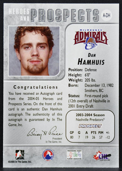 2004-05 In the Game Heroes and Prospects Dan Hamhuis A-DH Admirals Auto 2292