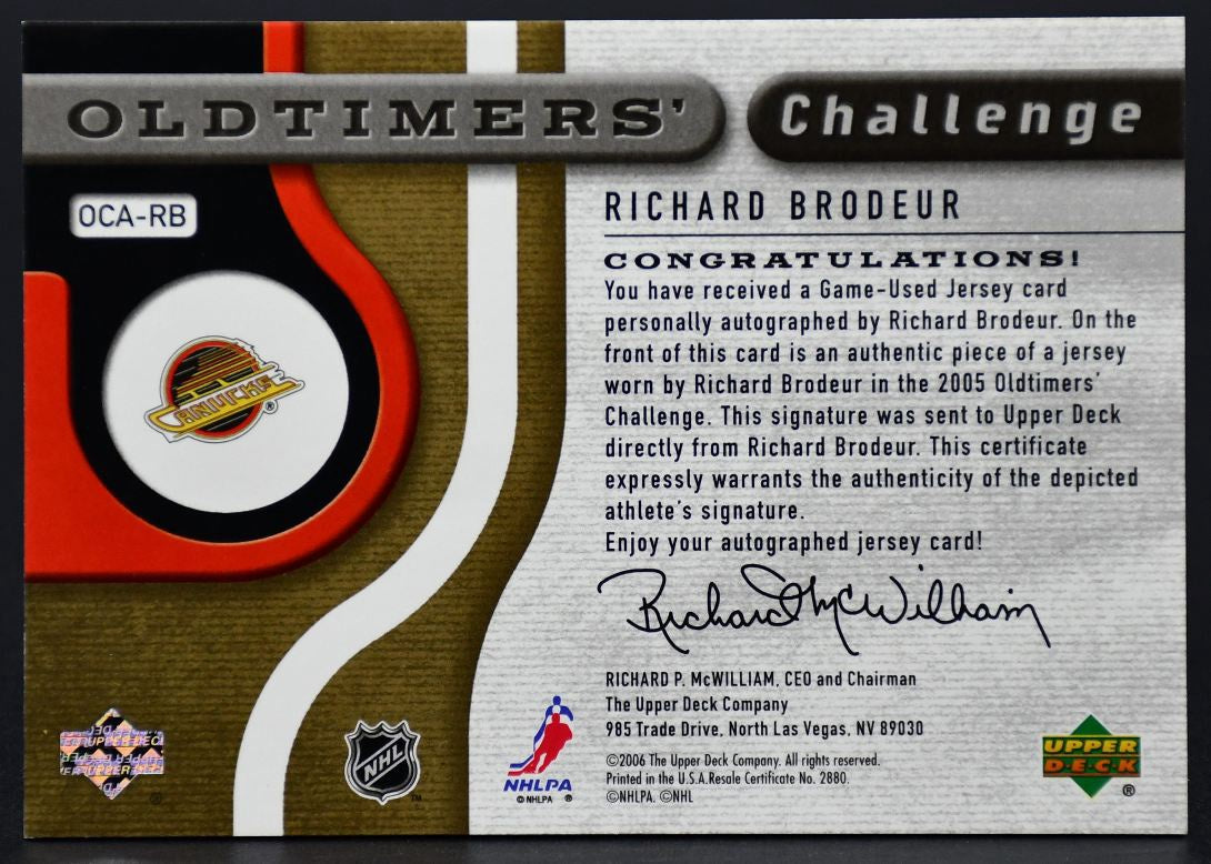 2005-06 SP Game Used Oldtimer's Challenge AutoBrodeur Canucks Auto /100 Jersey