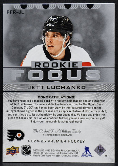 2024-25 UD Premier Focus Auto Patch RC Jett Luchanko PFR-JL Flyers RC /99 5181