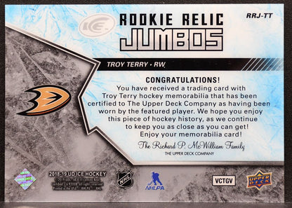 2018-19 UD Ice Rookies Relic Jumbos Troy Terry Ducks RC 124/199 Jersey 8474