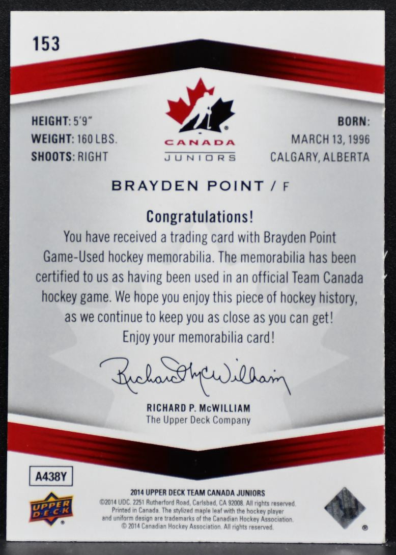 2014-15 UD Team Canada Juniors Base Jerseys Brayden Point 153 Canada Jersey 7744