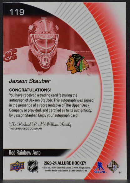 2023-24 UD Allure Red Rainbow Auto Jaxson Stauber 119 Chicago Blackhawks RC Auto 4894