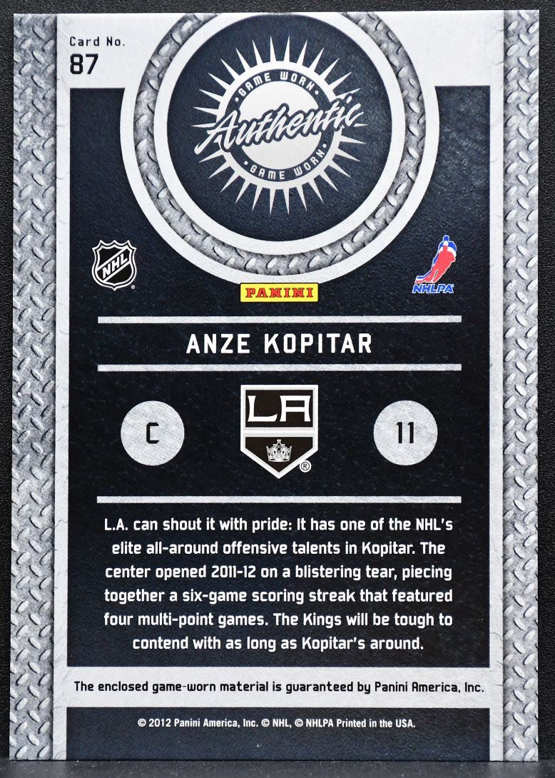 2011-12 Panini Titanium Game Worn Gear Anze Kopitar 87 Kings Jersey 2790
