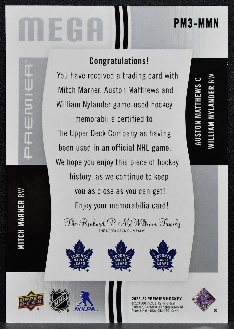 2023-24 UD Premier Mega Triple Marner/Matthews/Nylander 10/25 Jersey 6095