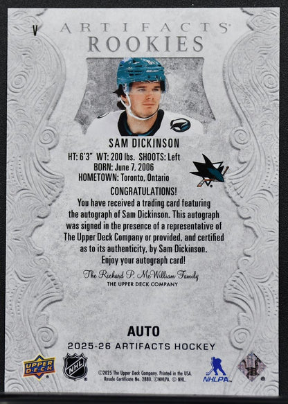 2025-26 Upper Deck Artifacts Rookies Auto Redemptions Sam Dickinson RC Auto 6414